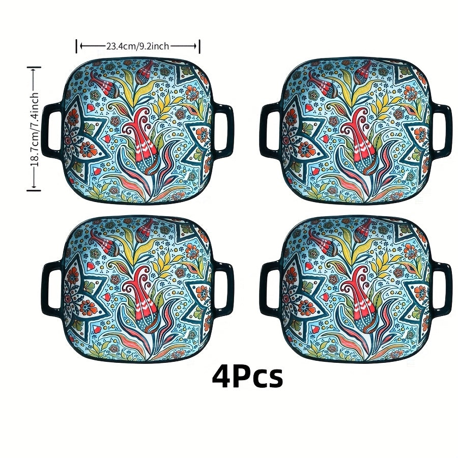 Bohemian Square Ceramic Salad Plates with Handles