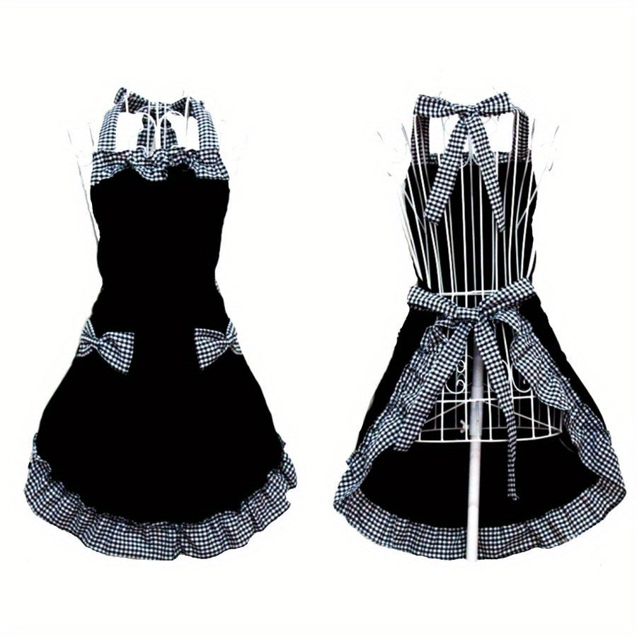 Vintage Ruffled Kitchen Apron with Bow Pockets