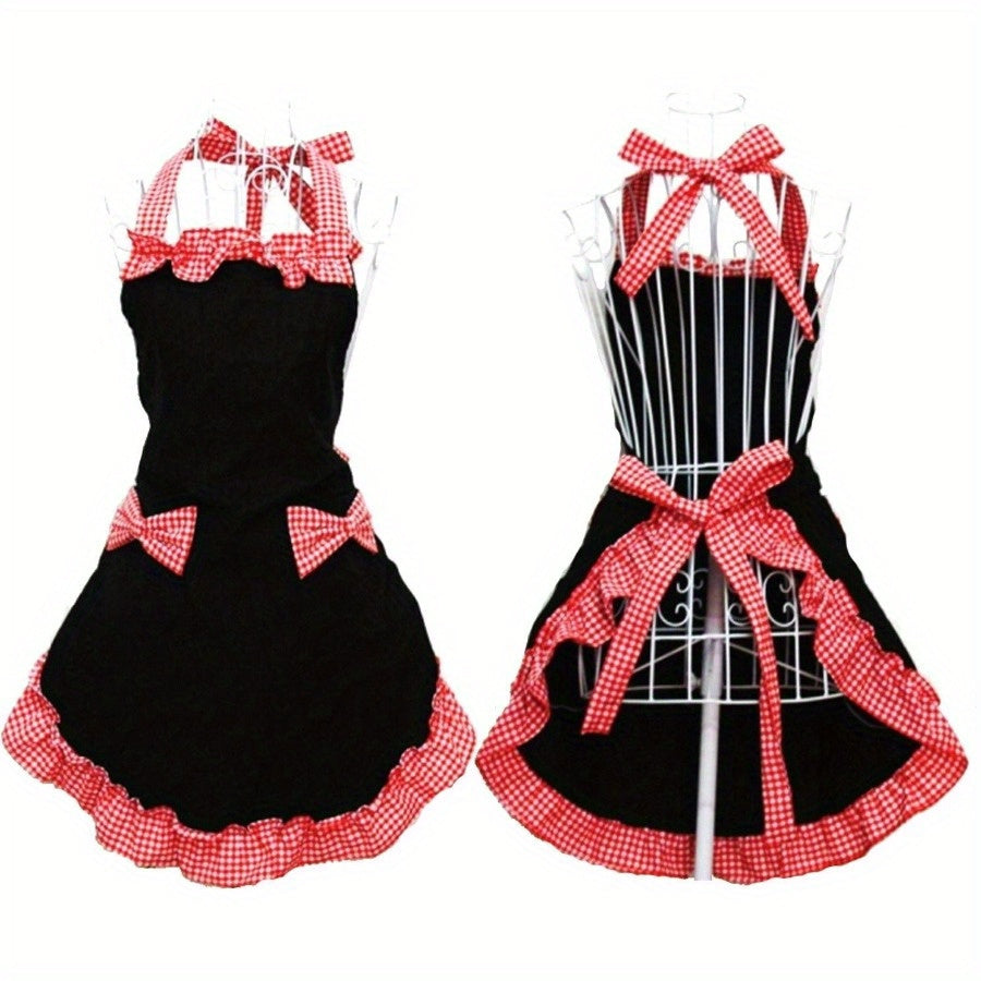 Vintage Ruffled Kitchen Apron with Bow Pockets