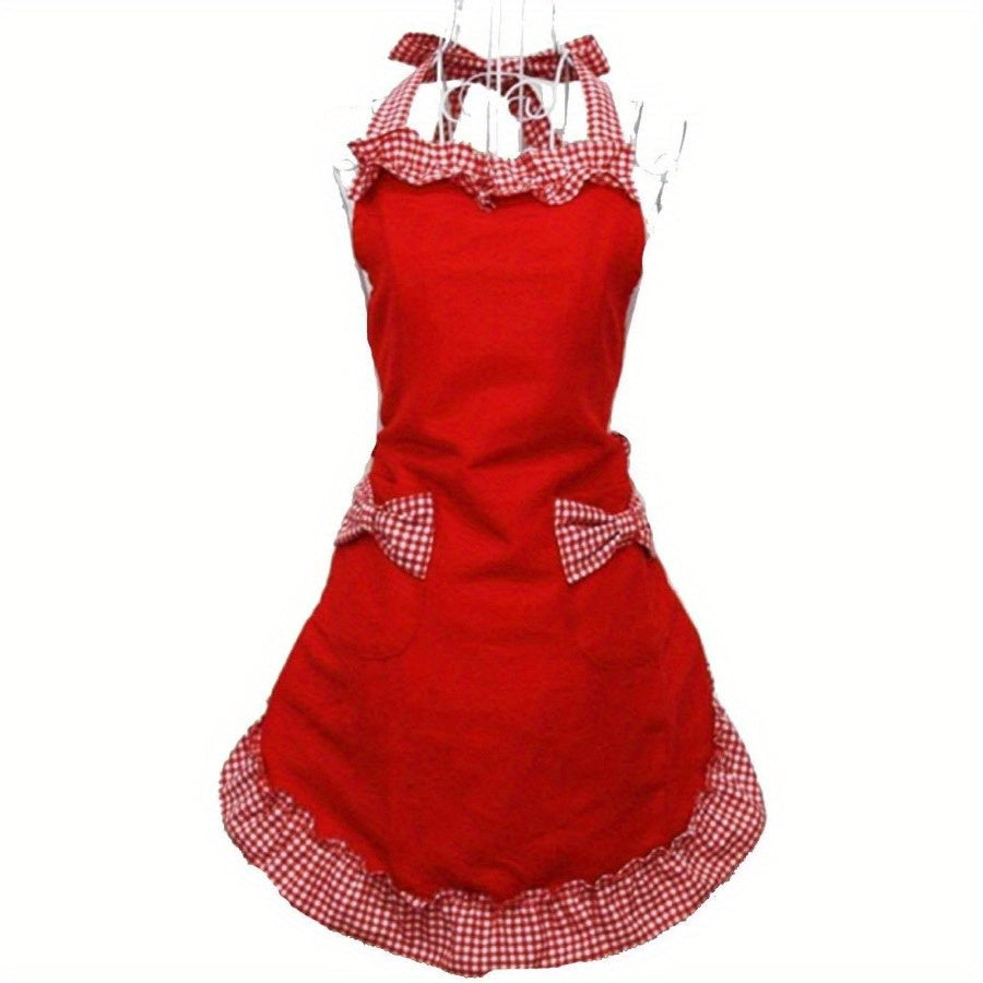 Vintage Ruffled Kitchen Apron with Bow Pockets