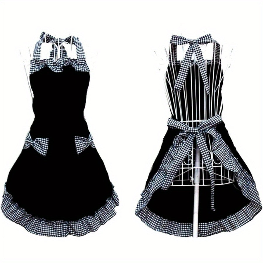 Vintage Ruffled Kitchen Apron with Bow Pockets