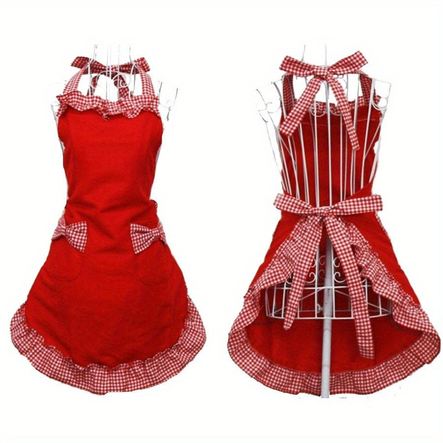 Vintage Ruffled Kitchen Apron with Bow Pockets