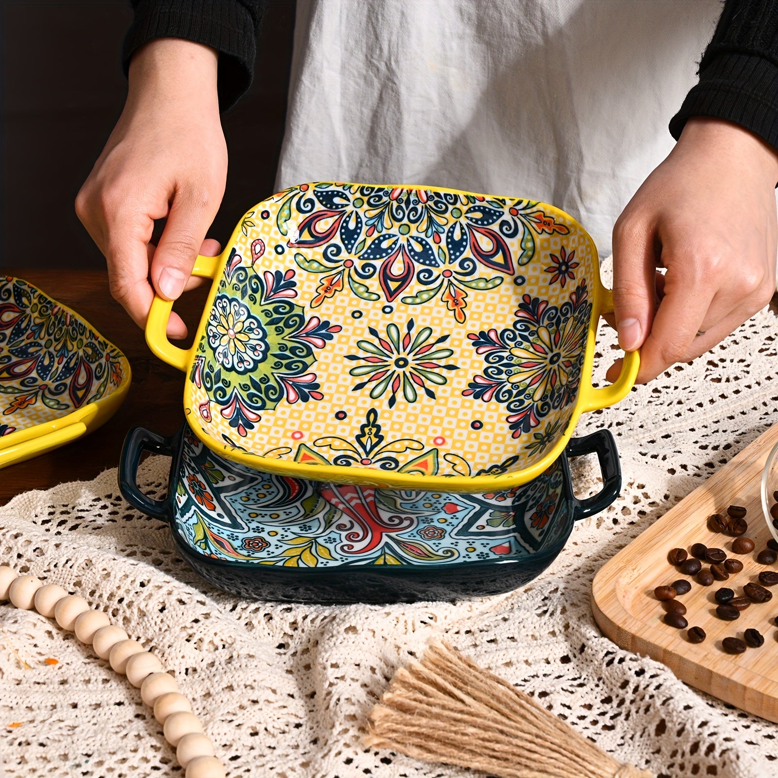 Bohemian Square Ceramic Salad Plates with Handles