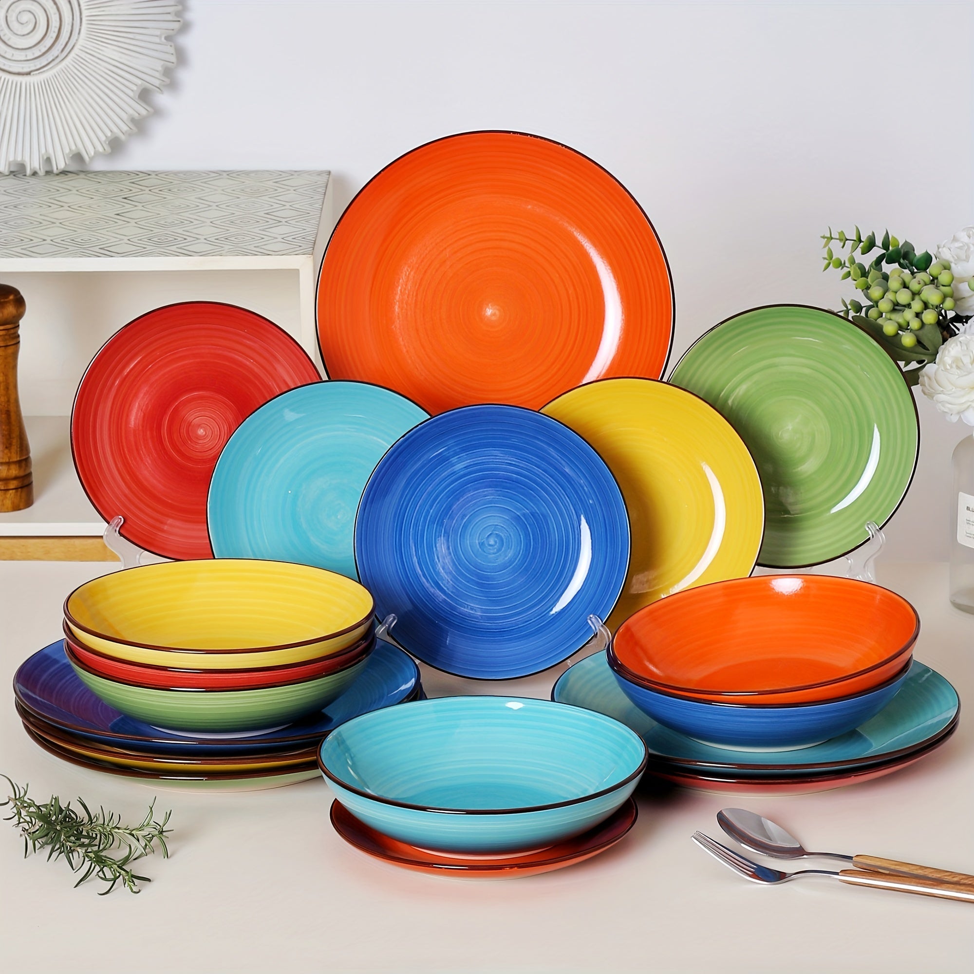 18-Piece Handpainted Stoneware Dinnerware Set – Multicolor Spiral Design (Service for 6)