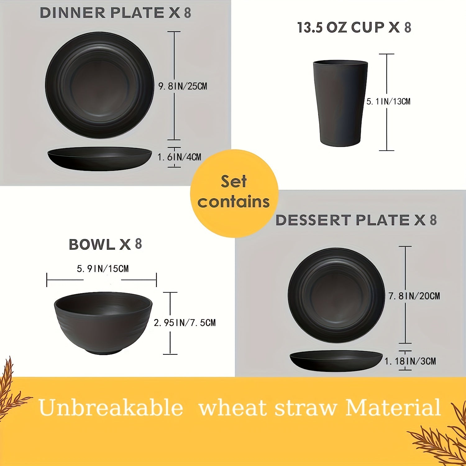 32-Piece Wheat Straw Dinnerware Set – Reusable Plates, Bowls & Cups (Service for 8)