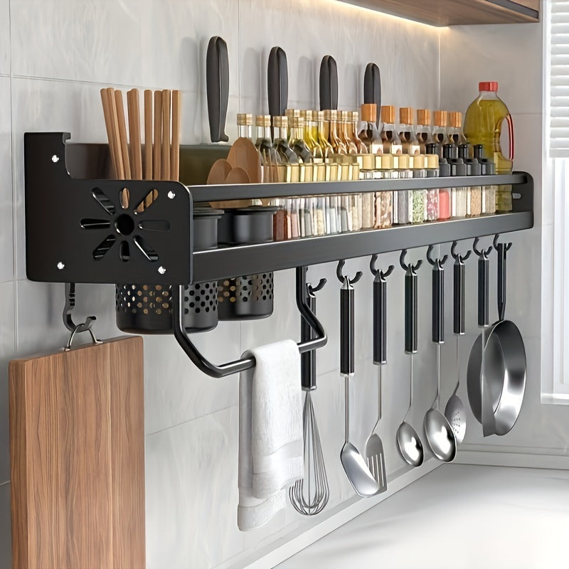 Wall-Mounted Kitchen Spice Rack with Hooks