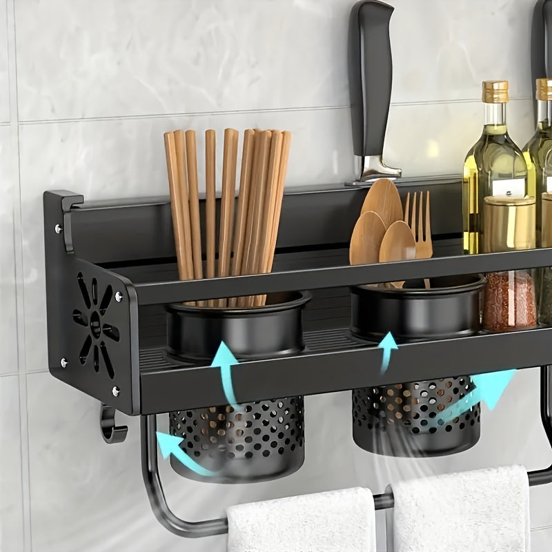 Wall-Mounted Kitchen Spice Rack with Hooks