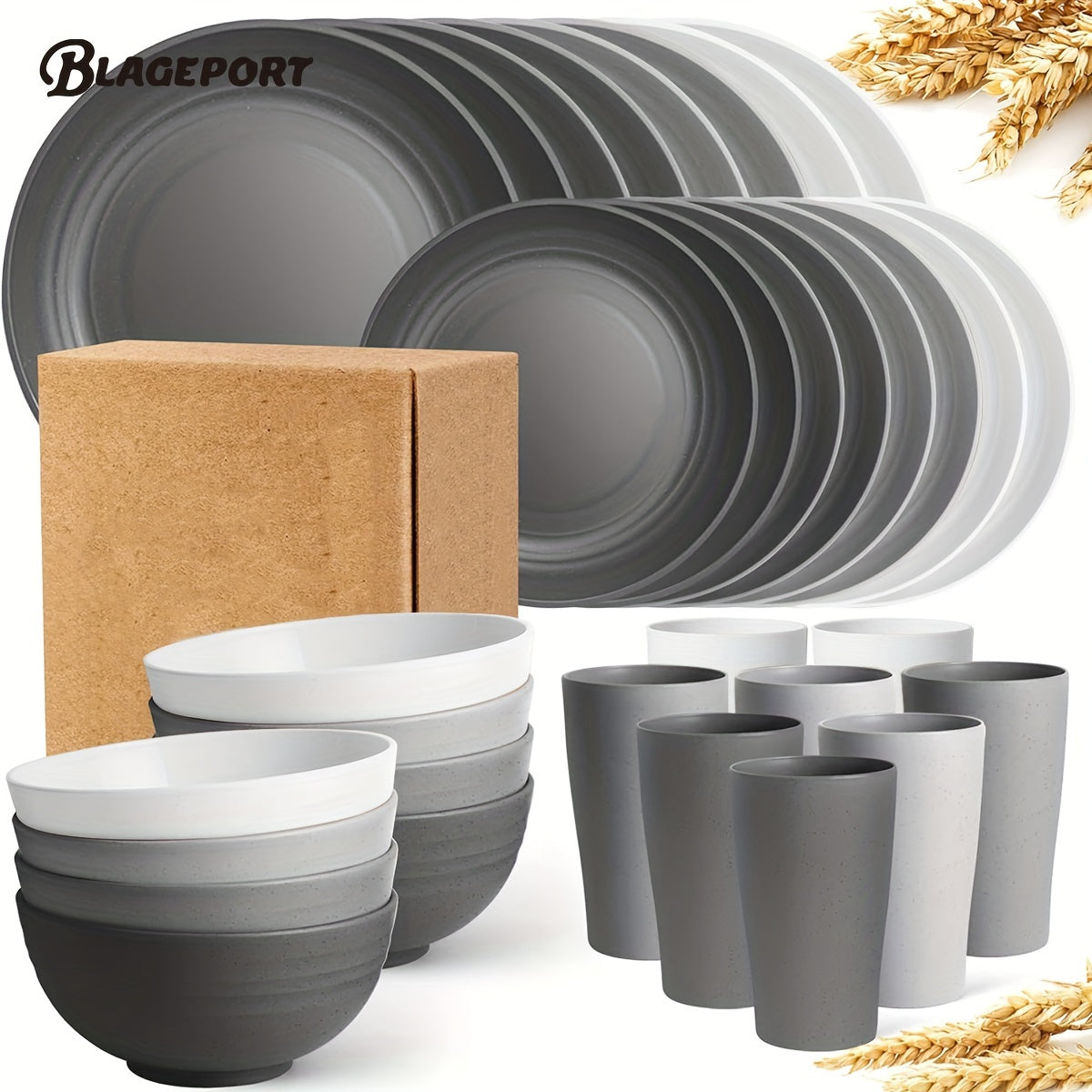 32-Piece Wheat Straw Dinnerware Set – Reusable Plates, Bowls & Cups (Service for 8)