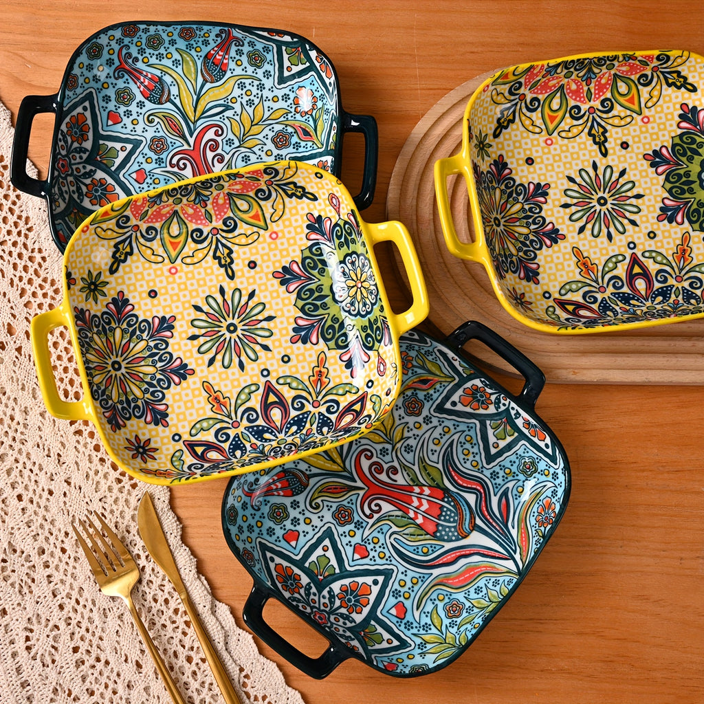 Bohemian Square Ceramic Salad Plates with Handles
