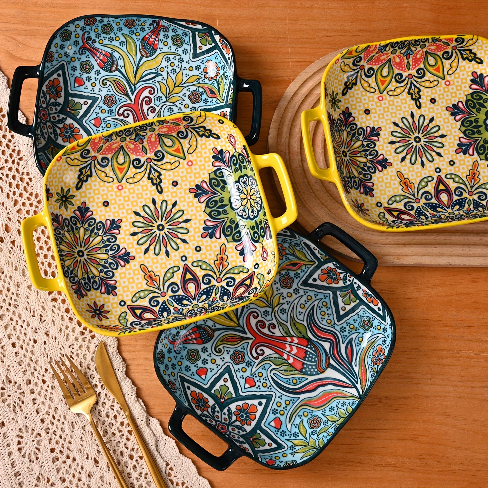 Bohemian Square Ceramic Salad Plates with Handles
