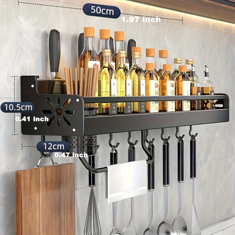 Wall-Mounted Kitchen Spice Rack with Hooks