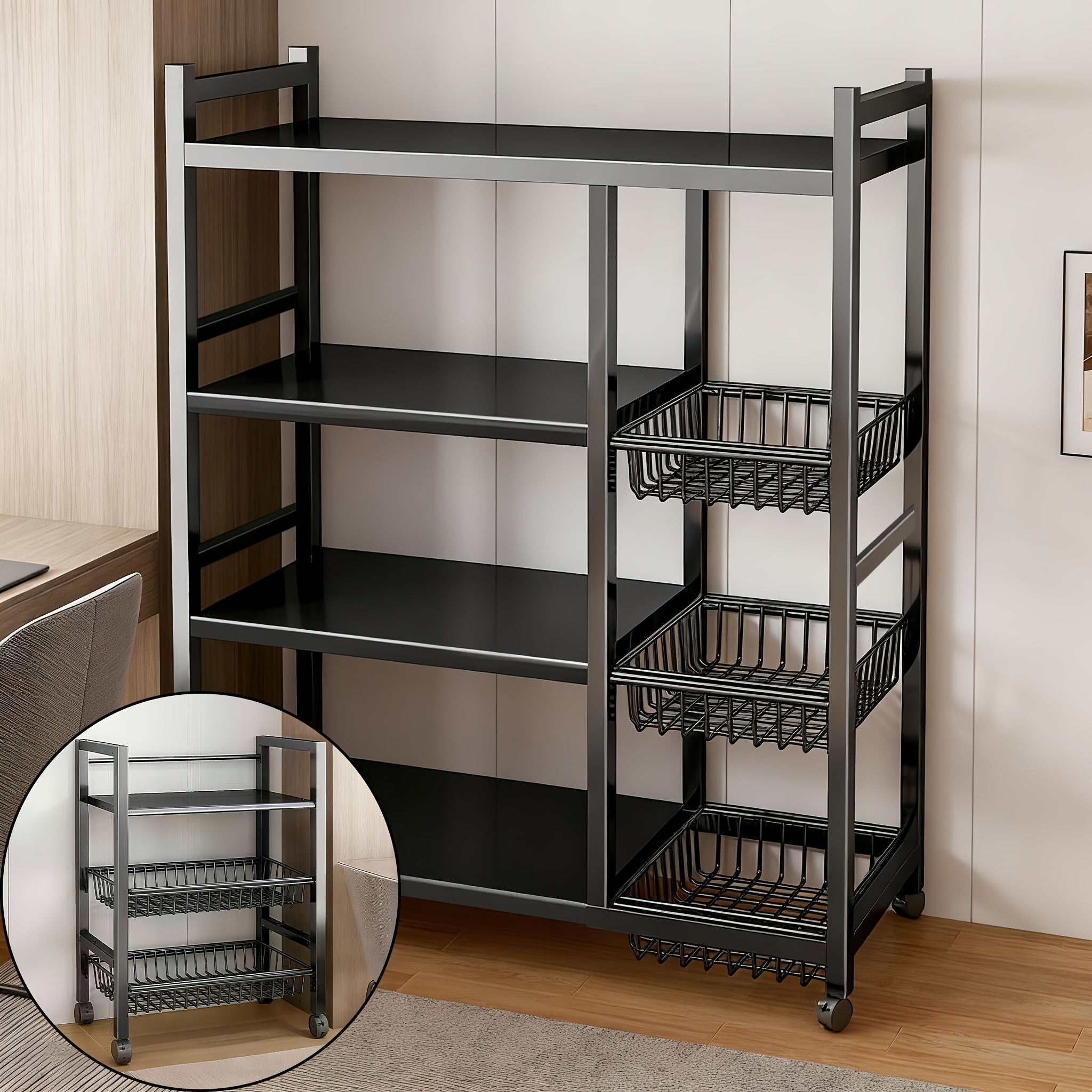 Adjustable Rolling Storage Rack with Wire Baskets
