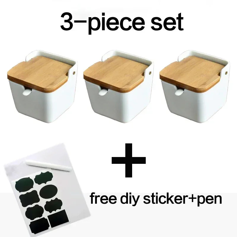 Ceramic Spice Rack Set with Wooden Lids & Bamboo Tray