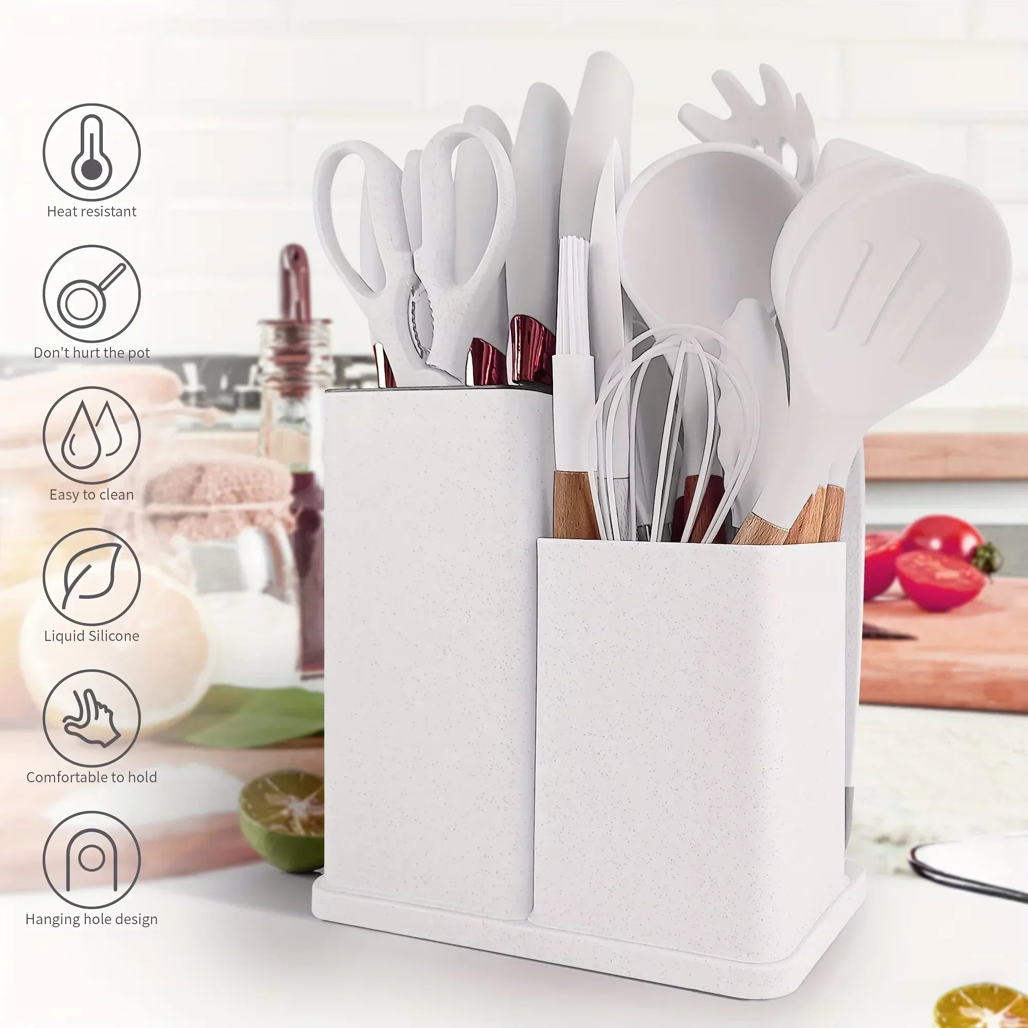 19-Piece Silicone Kitchen Utensil Set with Knives & Bamboo Holder