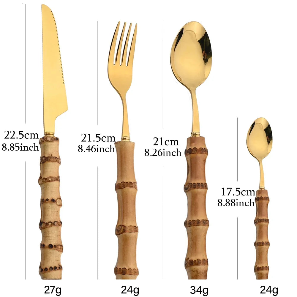 24-Piece Stainless Steel Cutlery Set with Bamboo Handles