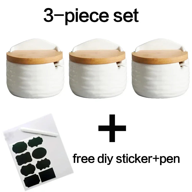 Ceramic Spice Rack Set with Wooden Lids & Bamboo Tray