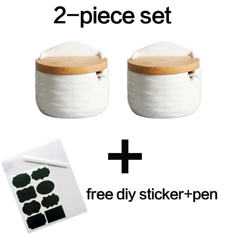 Ceramic Spice Rack Set with Wooden Lids & Bamboo Tray