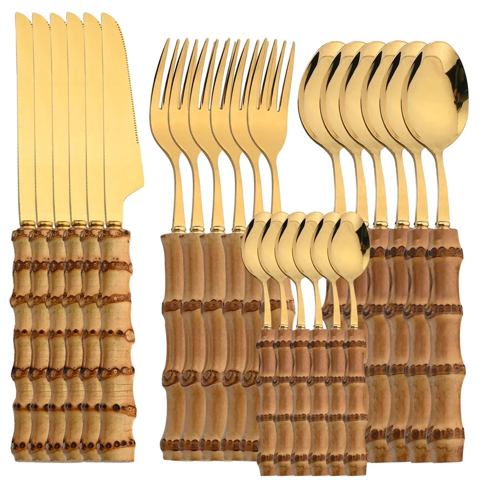 24-Piece Stainless Steel Cutlery Set with Bamboo Handles