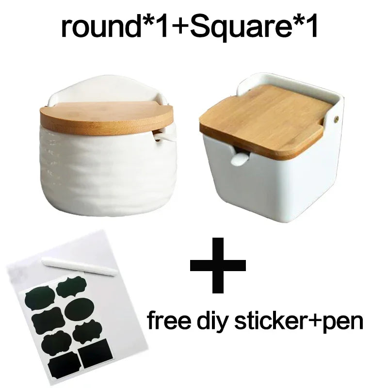 Ceramic Spice Rack Set with Wooden Lids & Bamboo Tray