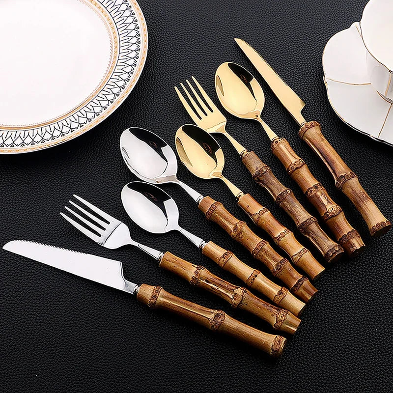 24-Piece Stainless Steel Cutlery Set with Bamboo Handles