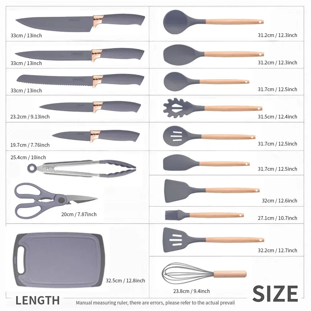 19-Piece Silicone Kitchen Utensil Set with Knives & Bamboo Holder