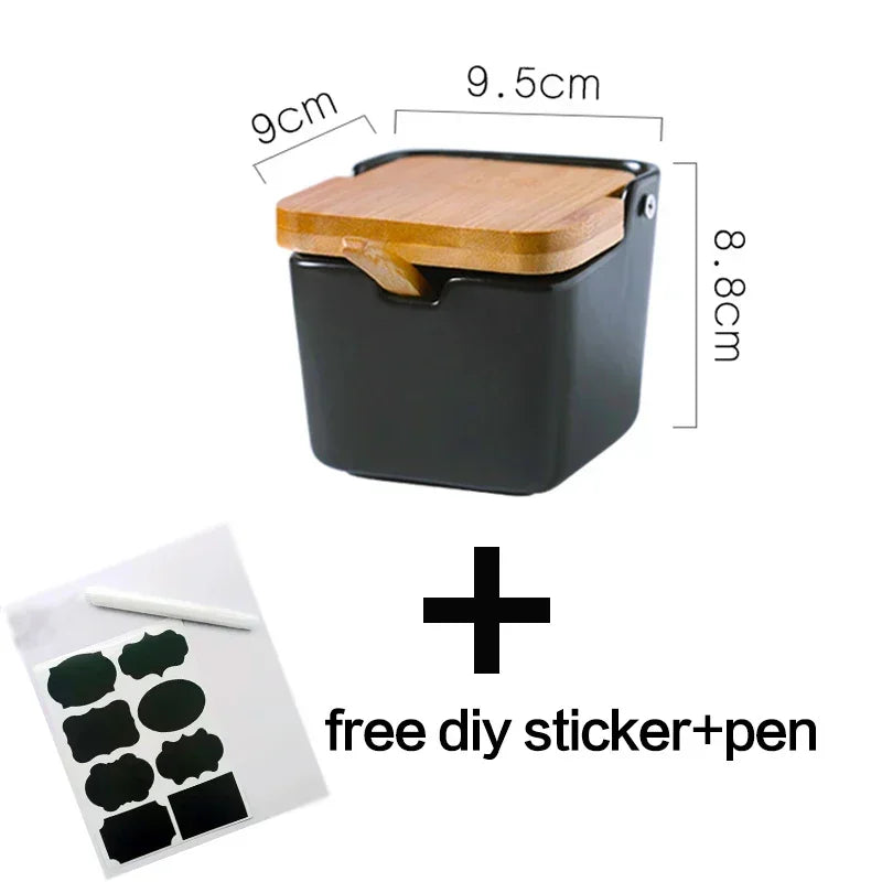 Ceramic Spice Rack Set with Wooden Lids & Bamboo Tray