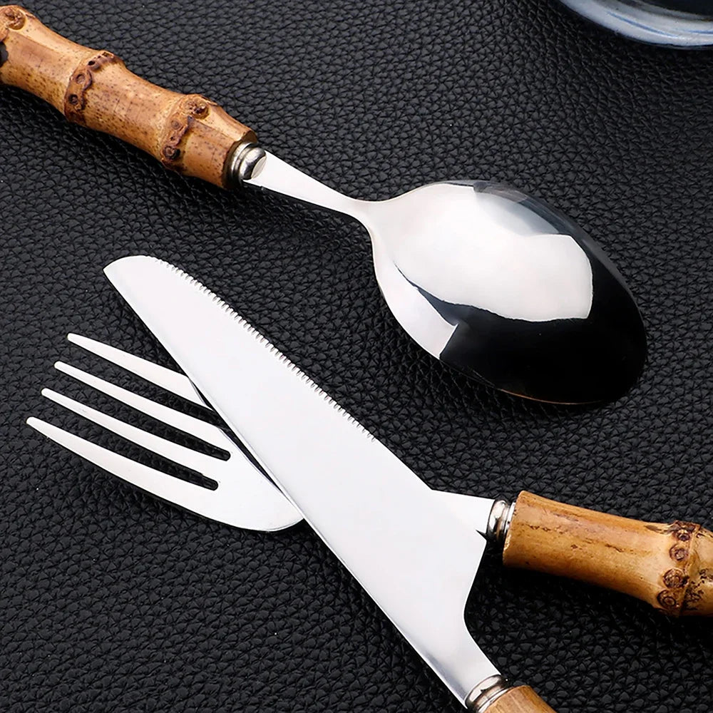 24-Piece Stainless Steel Cutlery Set with Bamboo Handles
