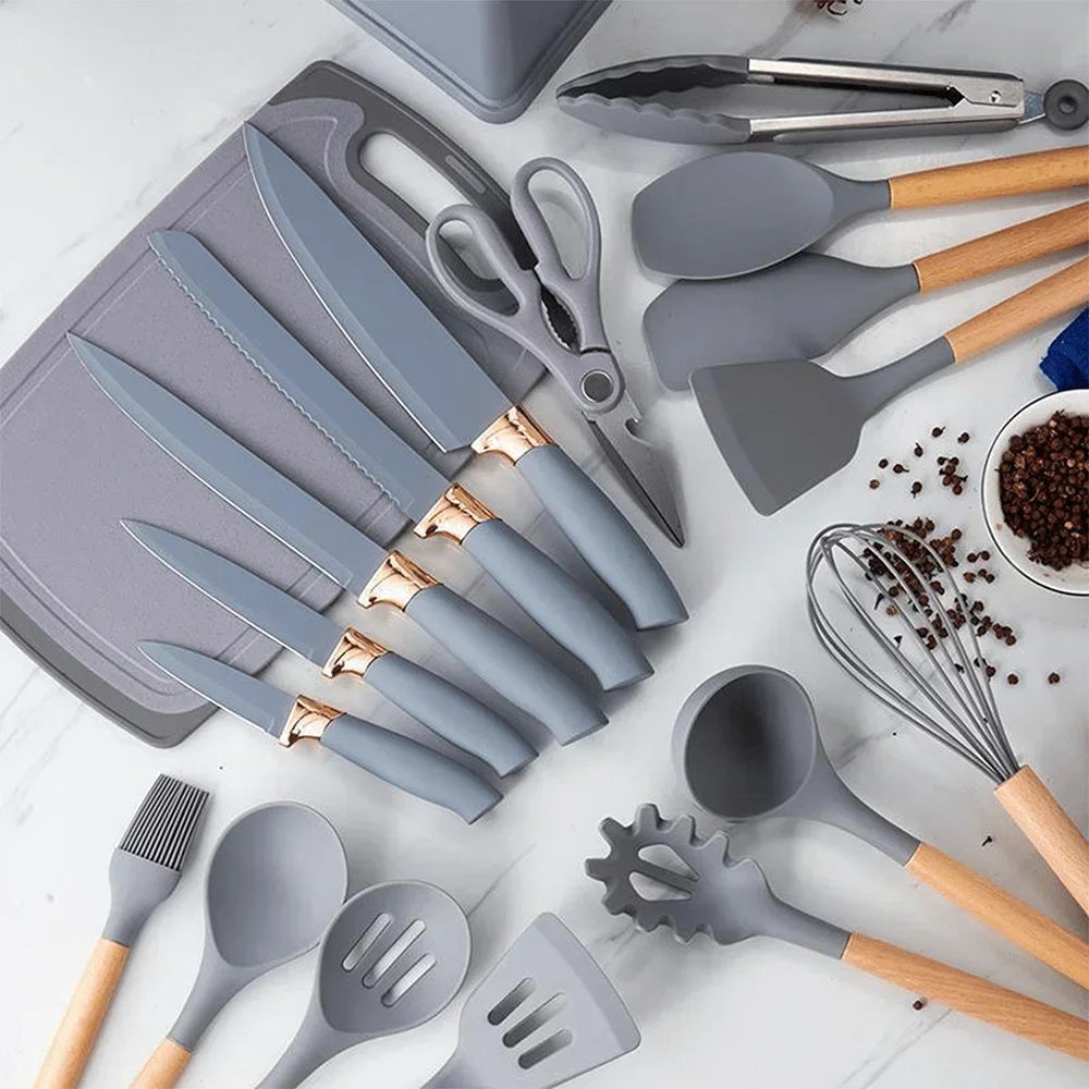 19-Piece Silicone Kitchen Utensil Set with Knives & Bamboo Holder