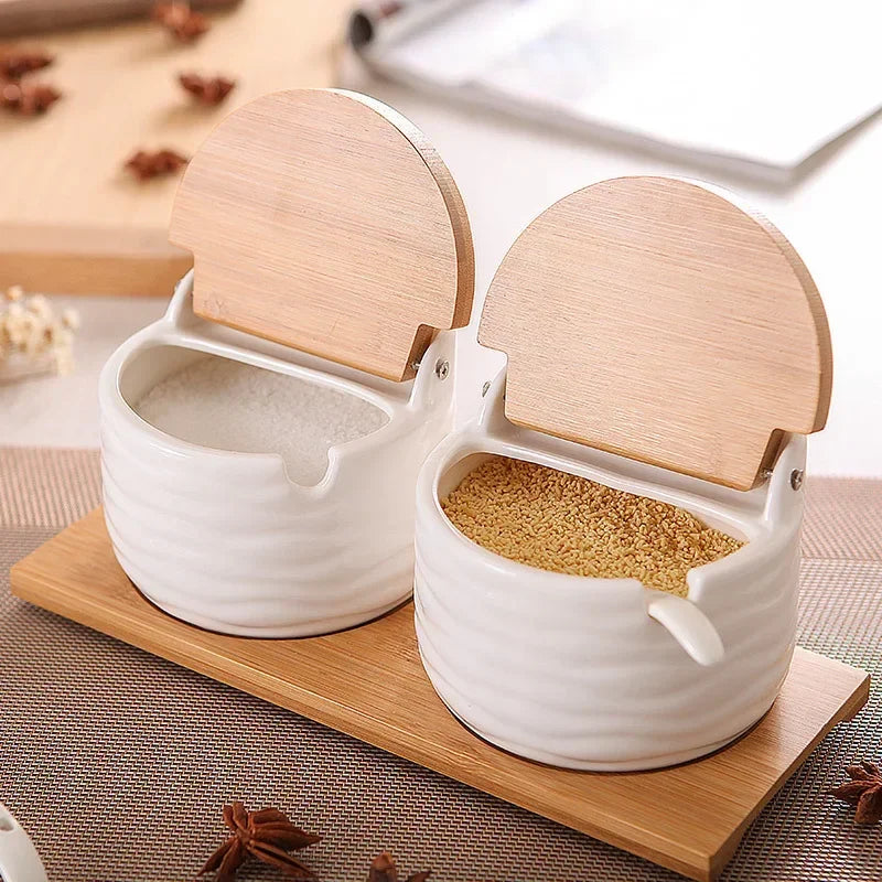 Ceramic Spice Rack Set with Wooden Lids & Bamboo Tray