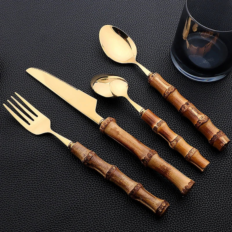 24-Piece Stainless Steel Cutlery Set with Bamboo Handles