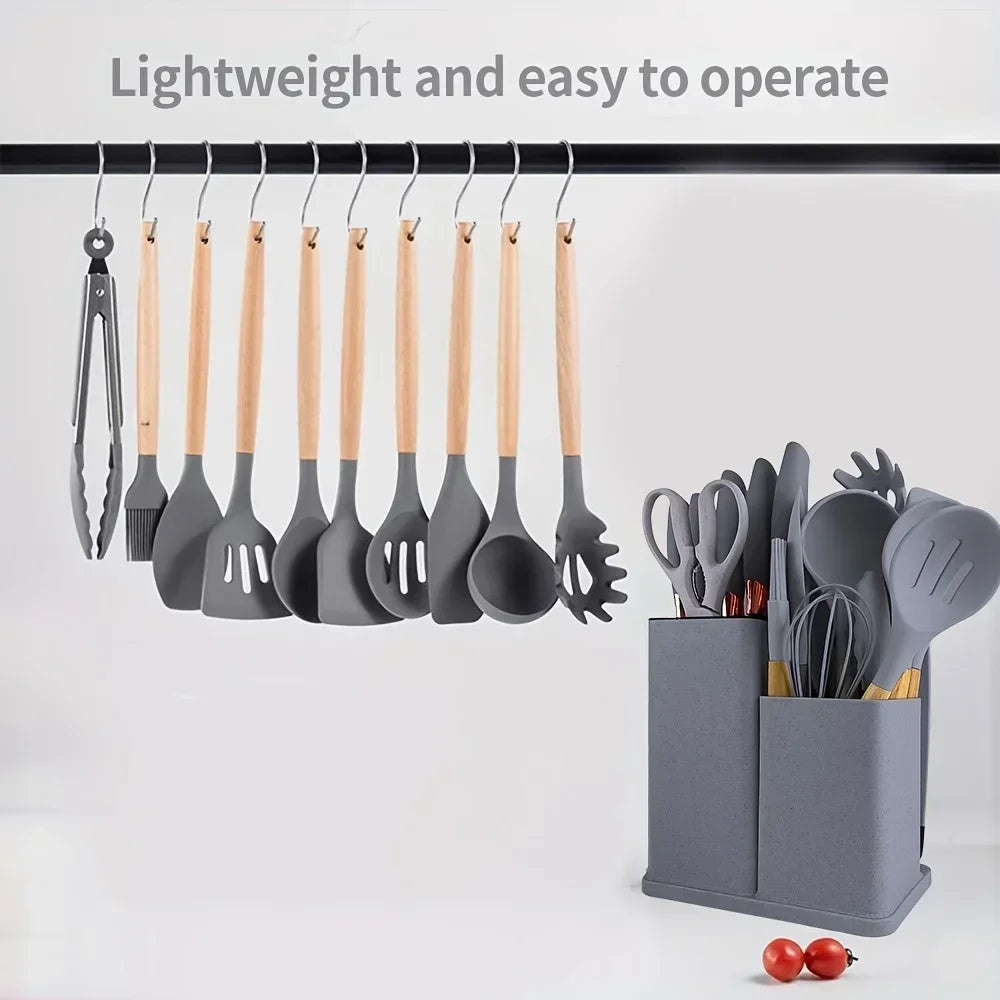 19-Piece Silicone Kitchen Utensil Set with Knives & Bamboo Holder