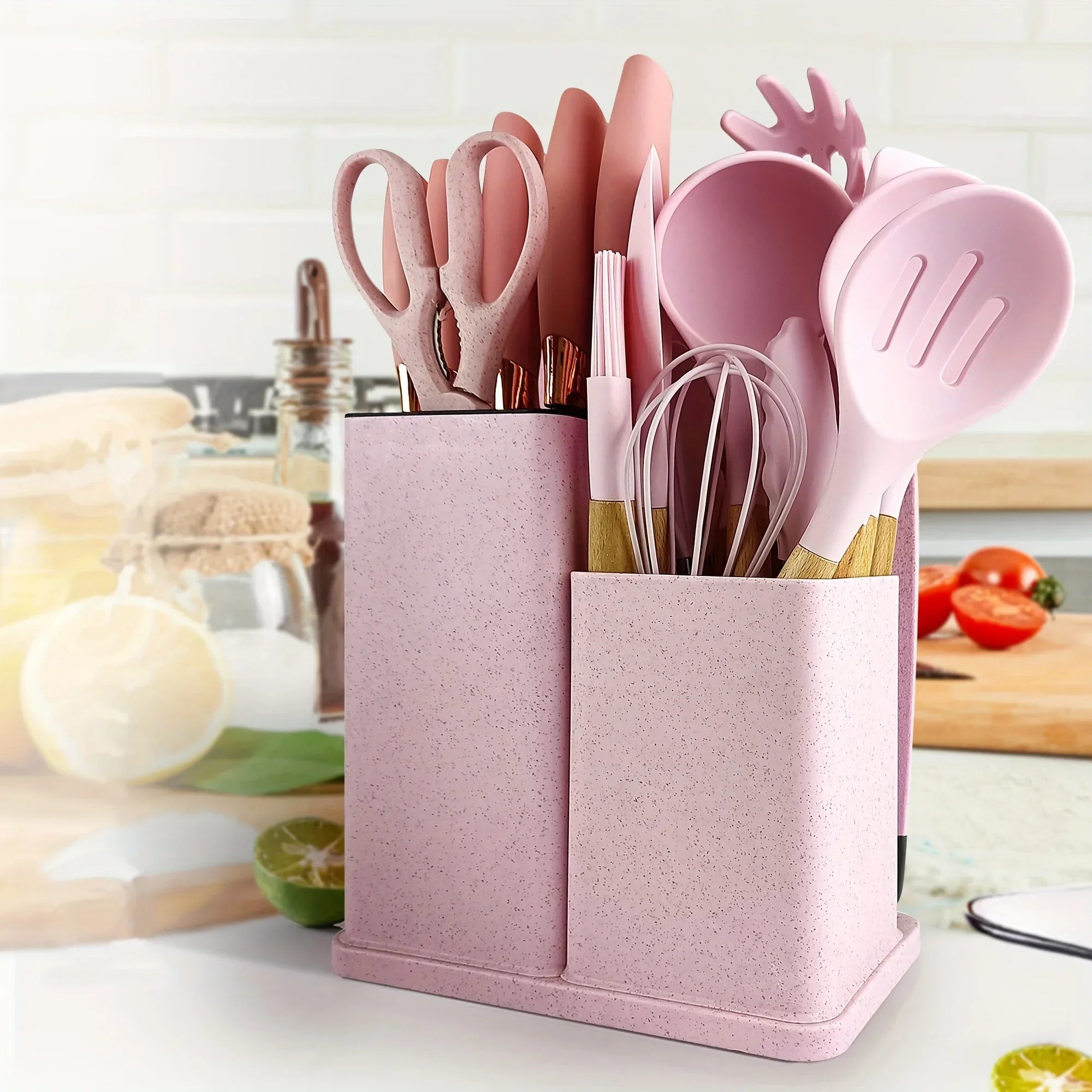 19-Piece Silicone Kitchen Utensil Set with Knives & Bamboo Holder