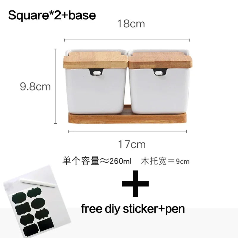 Ceramic Spice Rack Set with Wooden Lids & Bamboo Tray