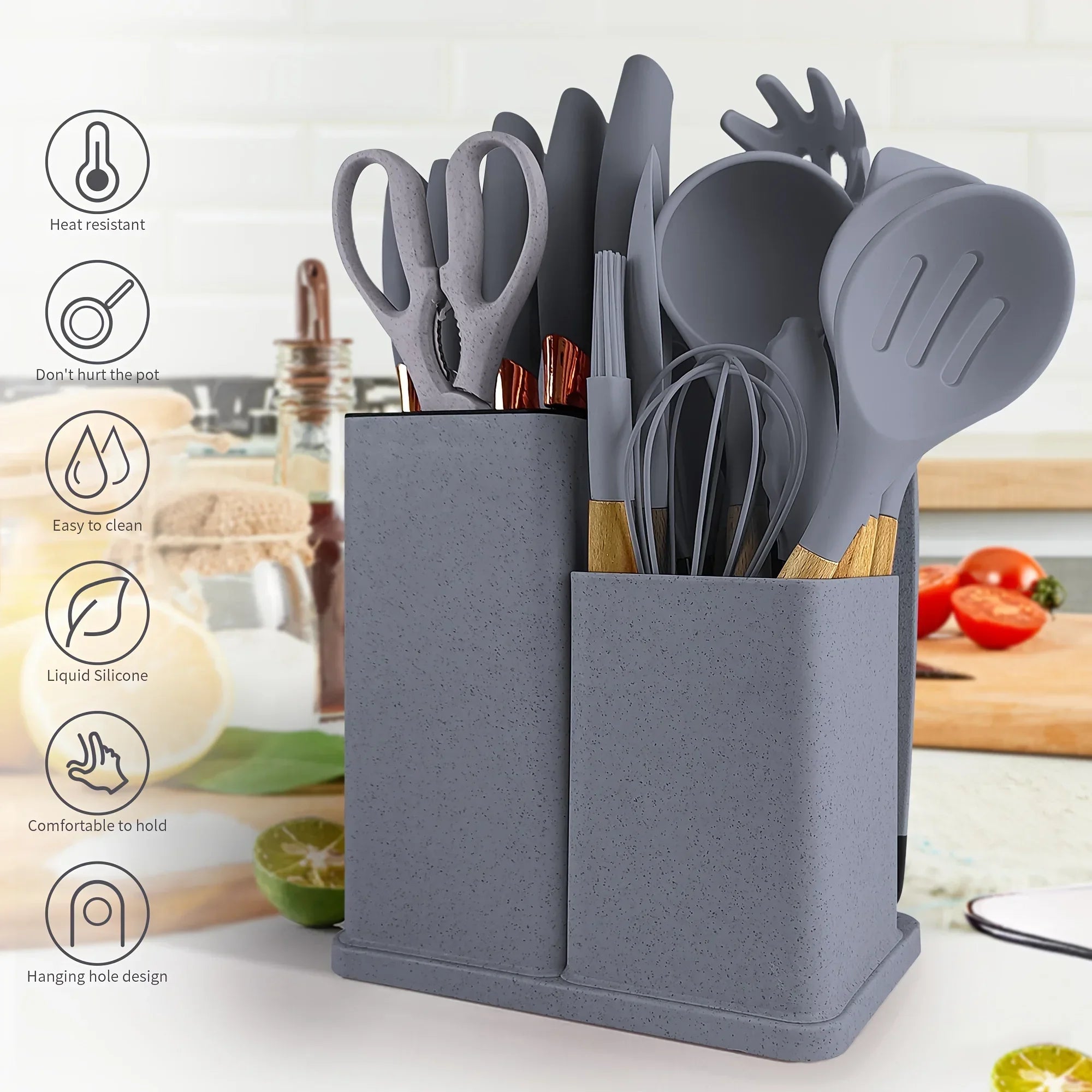 19-Piece Silicone Kitchen Utensil Set with Knives & Bamboo Holder