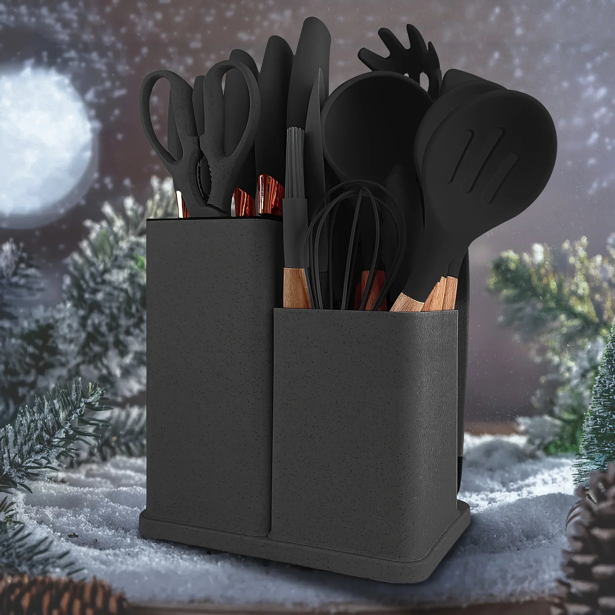 19-Piece Silicone Kitchen Utensil Set with Knives & Bamboo Holder