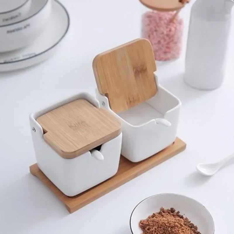 Ceramic Spice Rack Set with Wooden Lids & Bamboo Tray