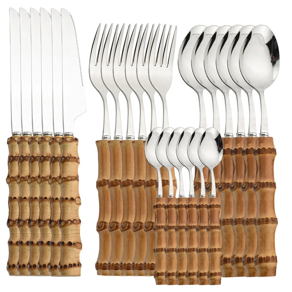 24-Piece Stainless Steel Cutlery Set with Bamboo Handles