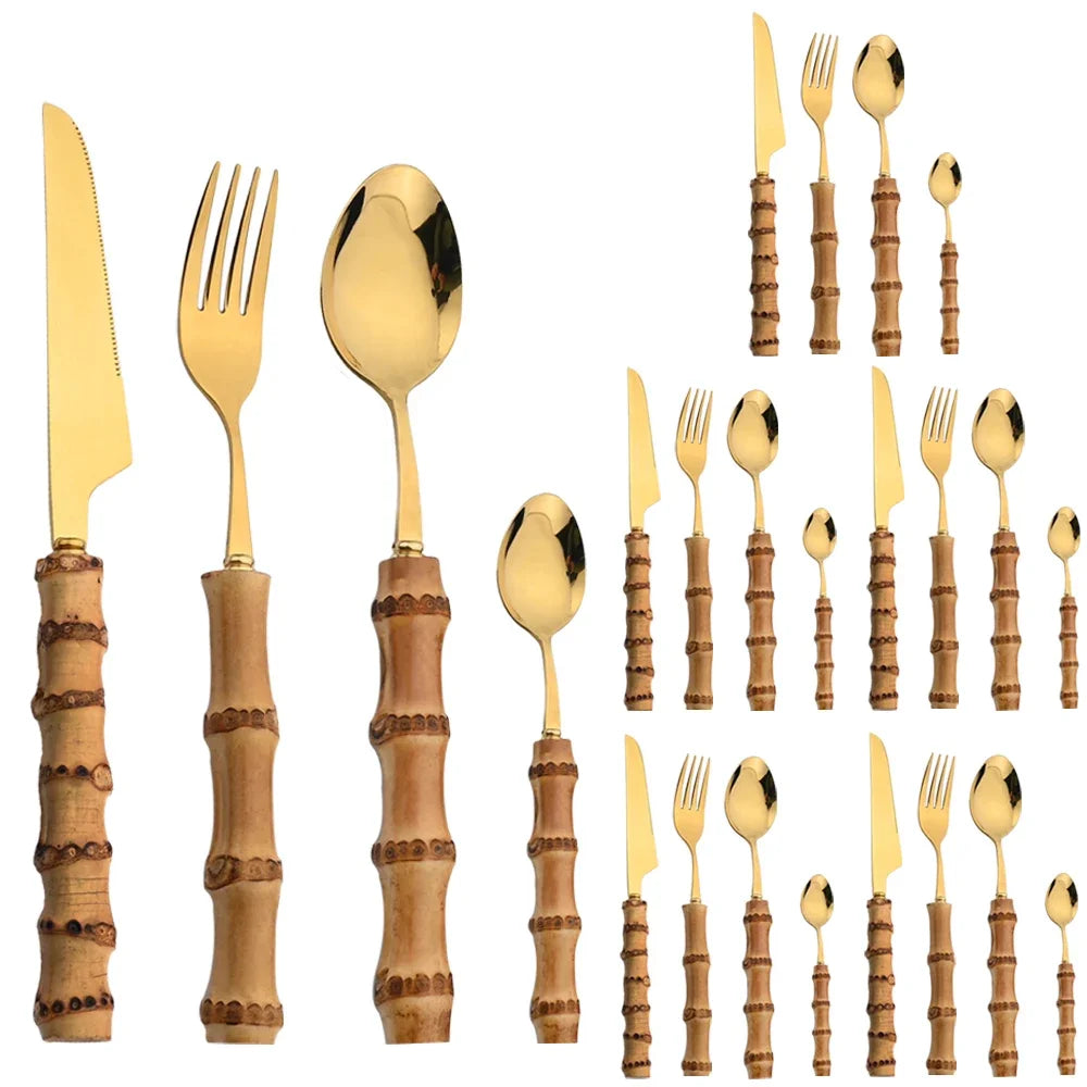 24-Piece Stainless Steel Cutlery Set with Bamboo Handles