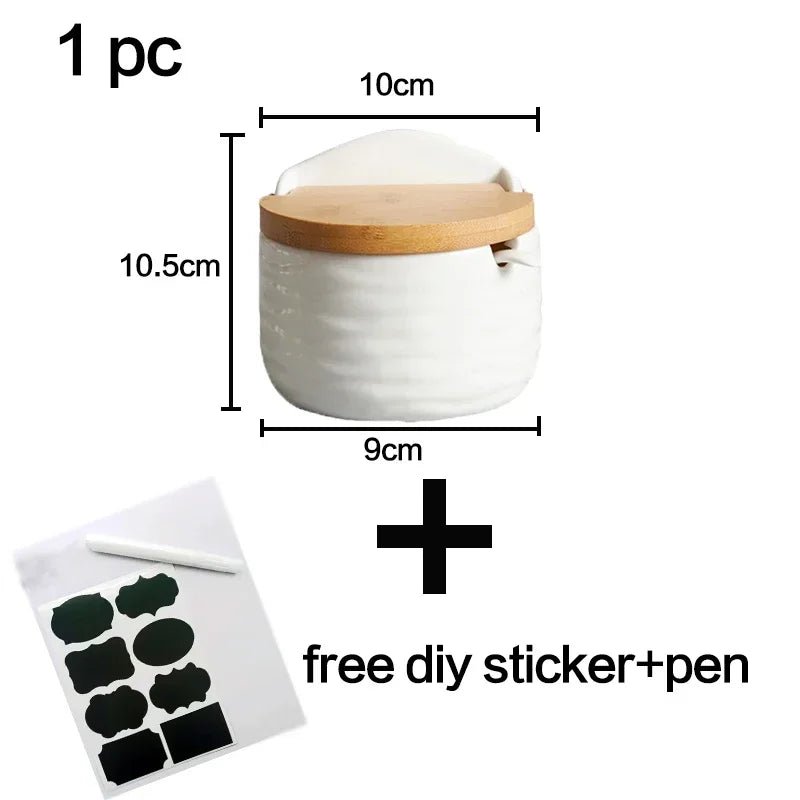 Ceramic Spice Rack Set with Wooden Lids & Bamboo Tray