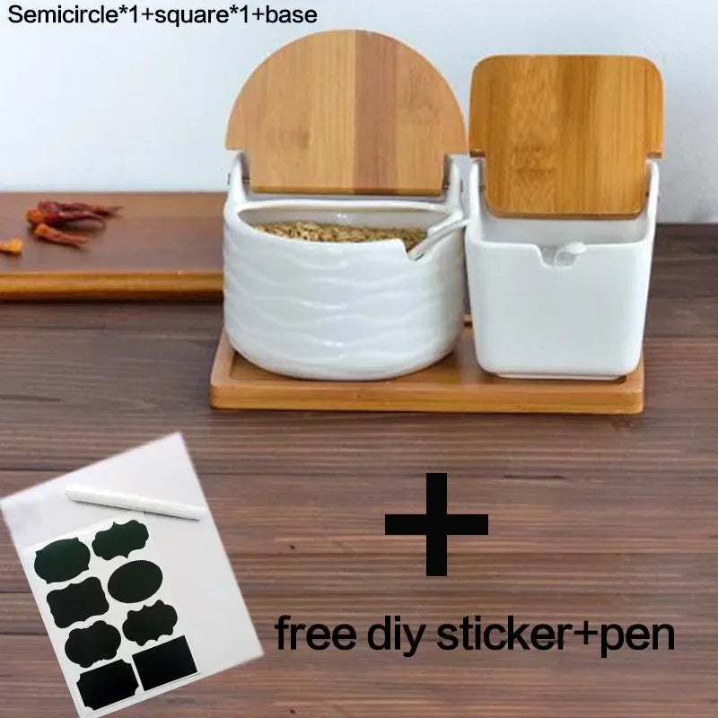 Ceramic Spice Rack Set with Wooden Lids & Bamboo Tray