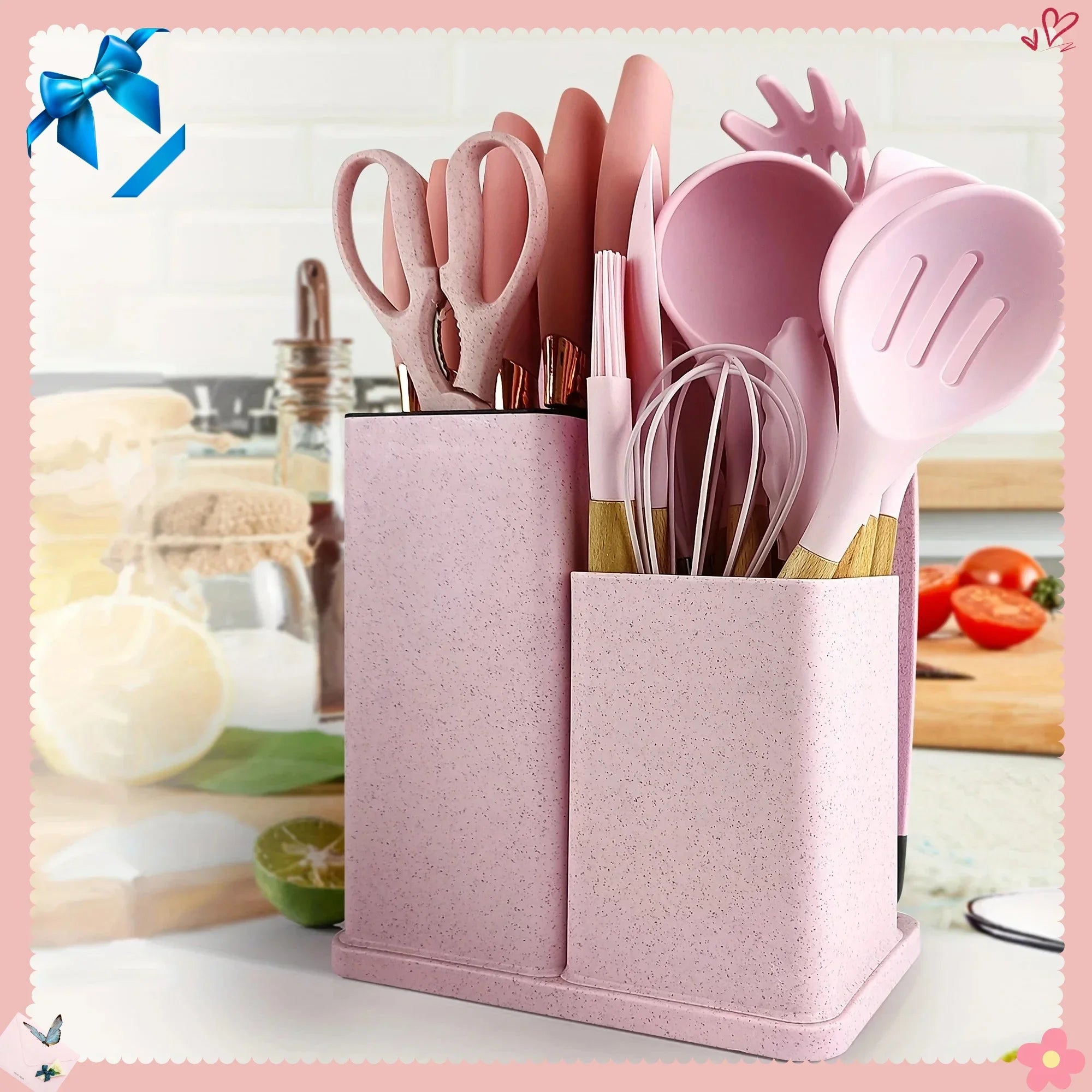 19-Piece Silicone Kitchen Utensil Set with Knives & Bamboo Holder