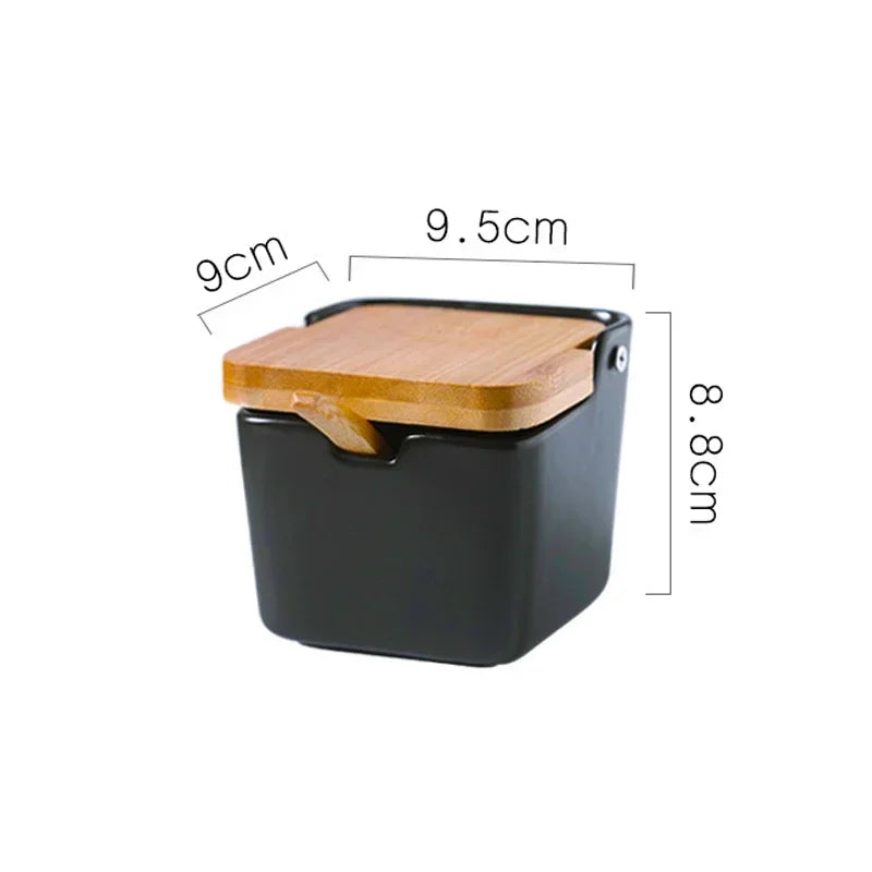 Ceramic Spice Rack Set with Wooden Lids & Bamboo Tray