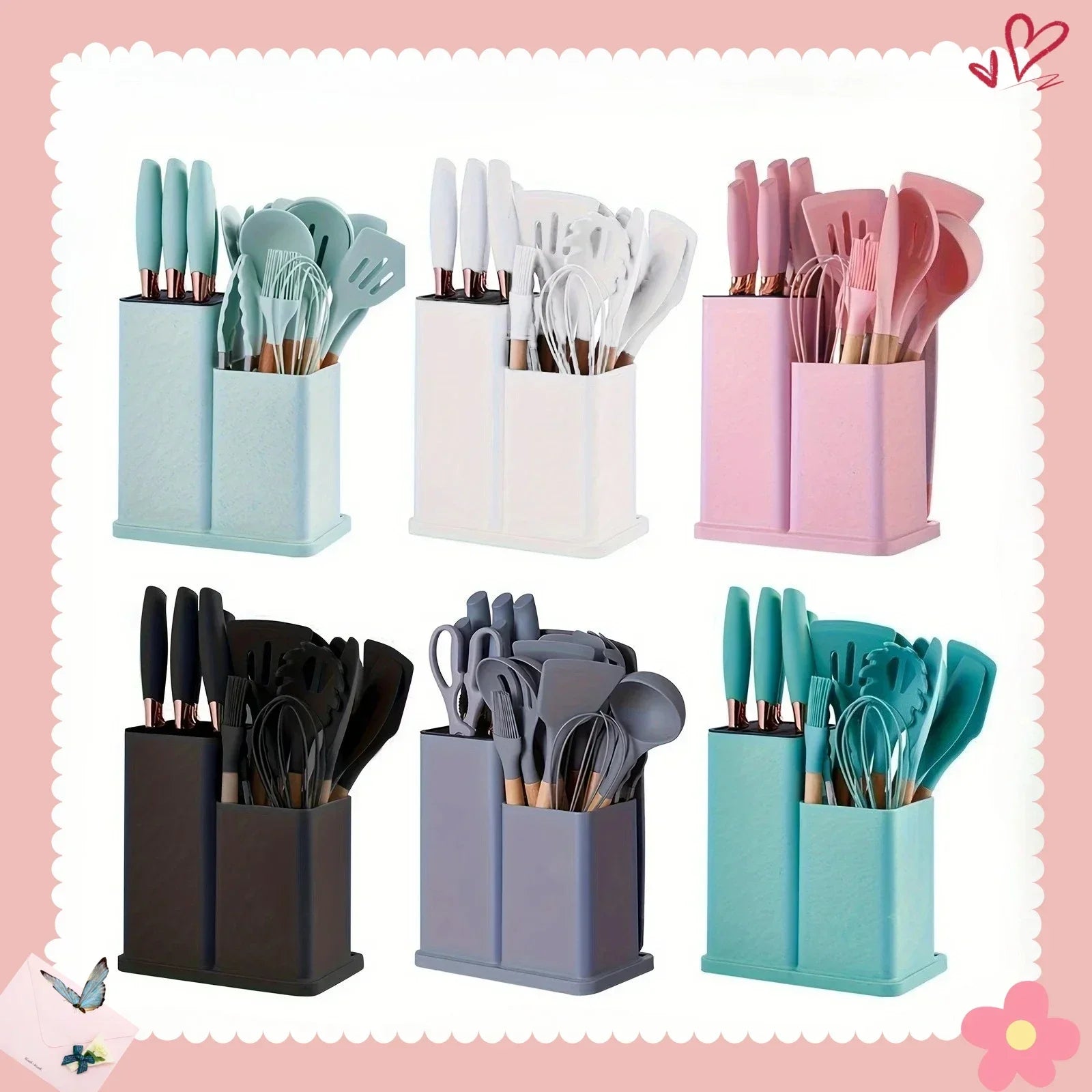 19-Piece Silicone Kitchen Utensil Set with Knives & Bamboo Holder