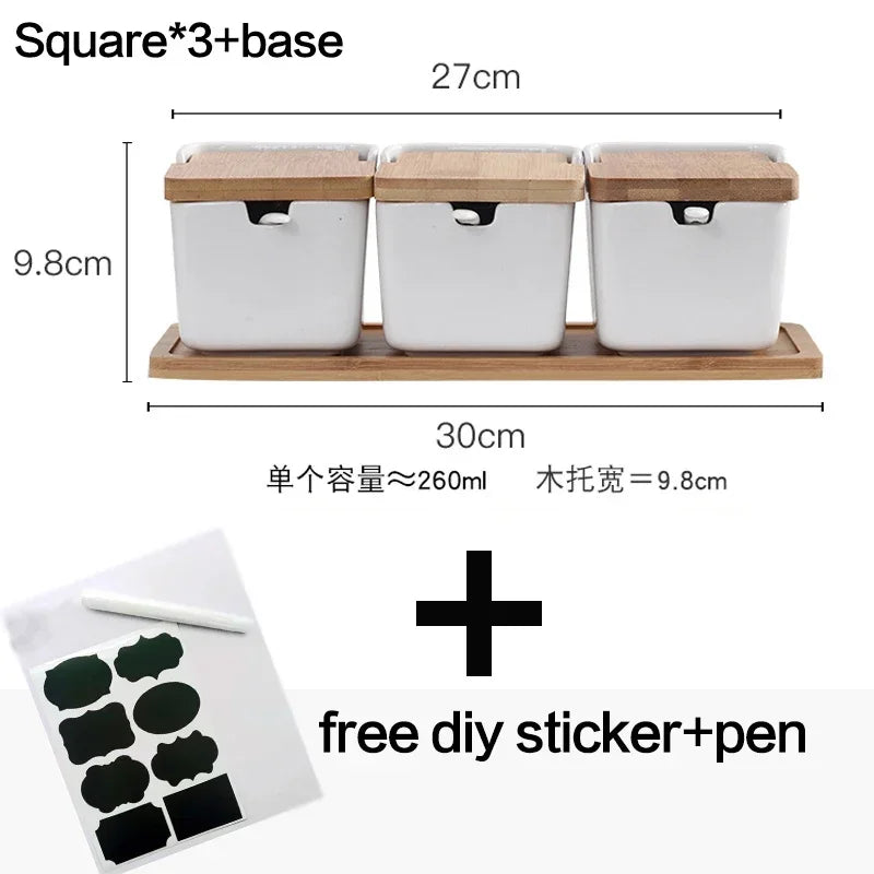 Ceramic Spice Rack Set with Wooden Lids & Bamboo Tray