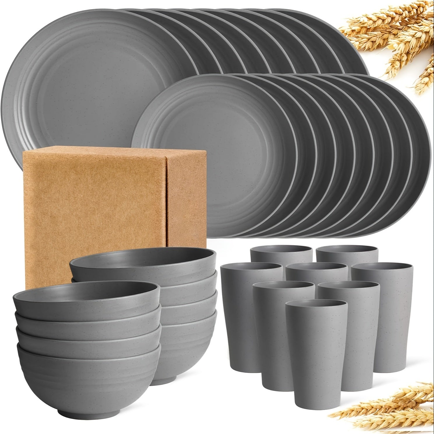 32-Piece Wheat Straw Dinnerware Set – Reusable Plates, Bowls & Cups (Service for 8)