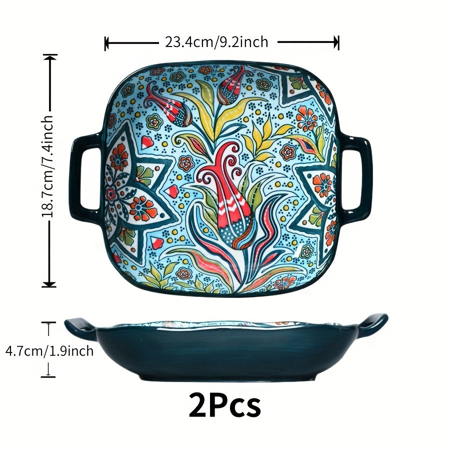 Bohemian Square Ceramic Salad Plates with Handles