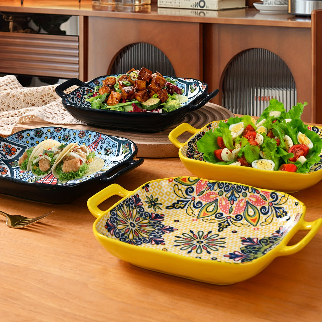 Bohemian Square Ceramic Salad Plates with Handles