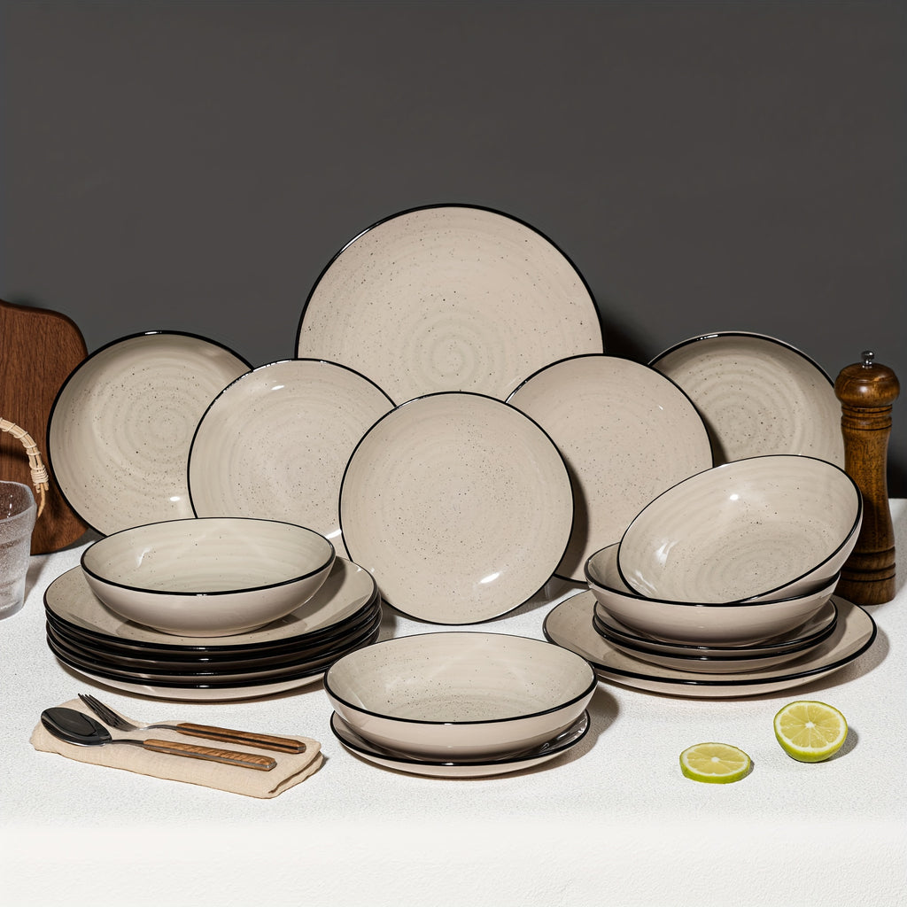 18-Piece Stoneware Dinnerware Set – Hand-Painted Spiral Design
