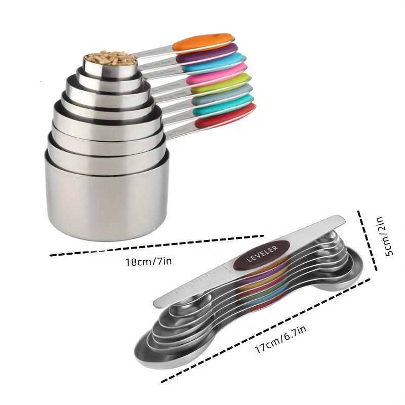 Juego de tazas medidoras de colores y cucharas medidoras de acero inoxidable