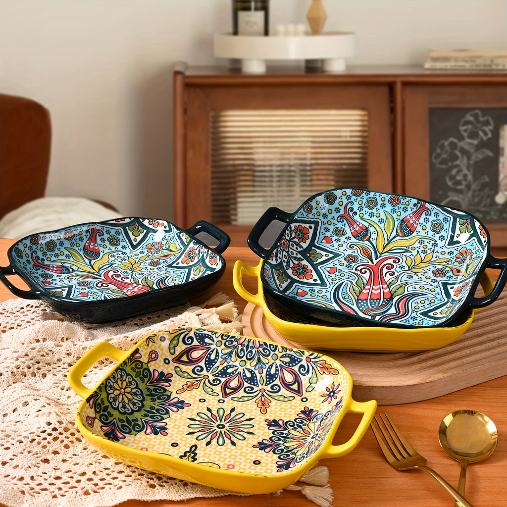 Bohemian Square Ceramic Salad Plates with Handles